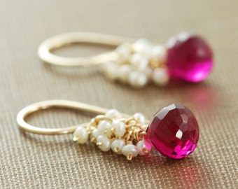 Raspberry Quartz Seed Pearl Earrings 14k Gold Fill, Pink Gemstone Dangle Earrings, Summer Fashion