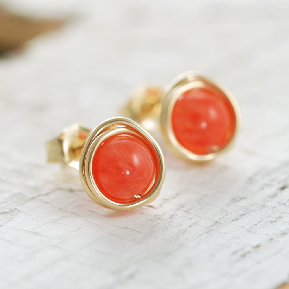 Orange Post Earrings 14k Gold Fill Tangerine Jade Gemstone Etsy