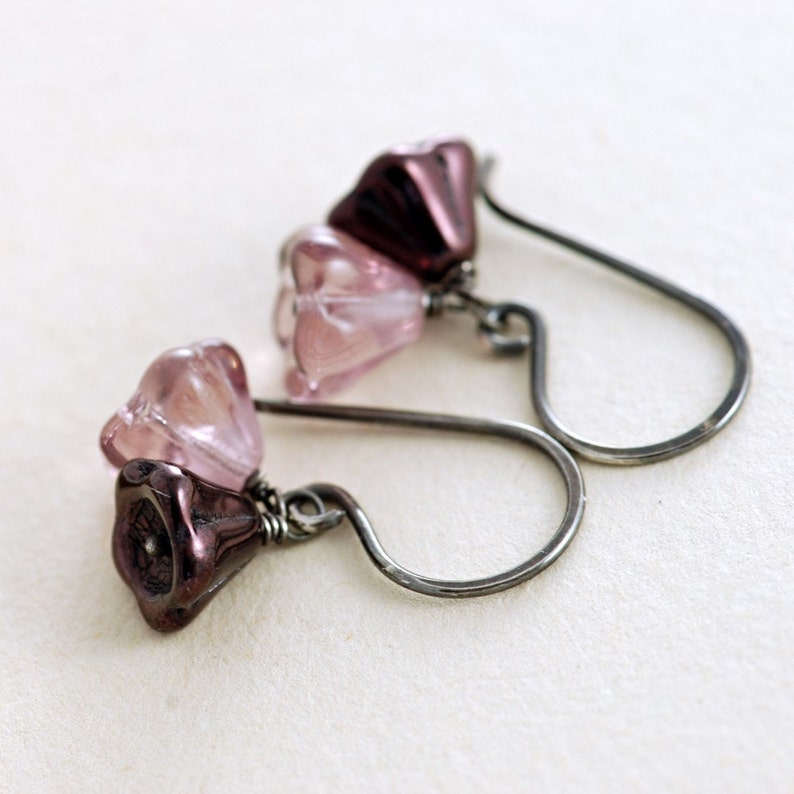 Purple Flower Earrings Sterling Silver Czech Glass Lavender Amethyst Wire Wrapped Handmade, aubepine image 4