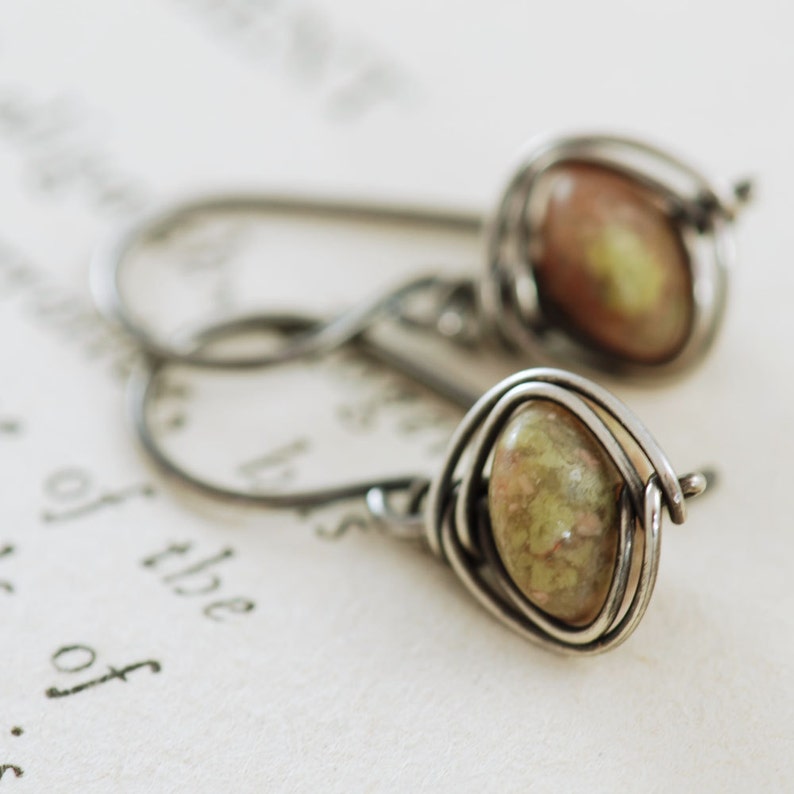 Autumn Gemstone Dangle Earrings, Sterling Silver Jasper Earrings, Wire Wrapped Handmade, aubepine image 3