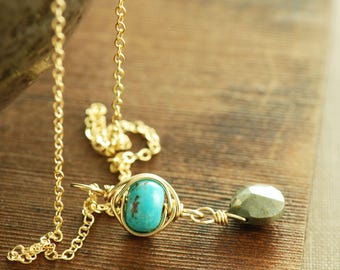 Turquoise Pyrite Gemstone Pendant Drop Necklace, Gold Wrapped Sleeping Beauty Turquoise Necklace, December Birthstone Jewelry