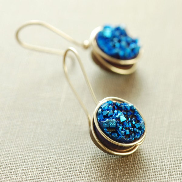 Sapphire Blue Druzy Crystal Earrings, 14k Gold Fill Druzy Earrings, Modern Minimal Drusy Jewelry