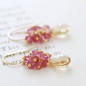 Gold Gemstone Earrings with Pink Clusters, Golden Yellow Dangle Earrings