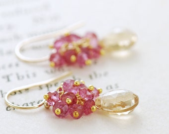 Gold Gemstone Earrings with Pink Clusters, Golden Yellow Dangle Earrings