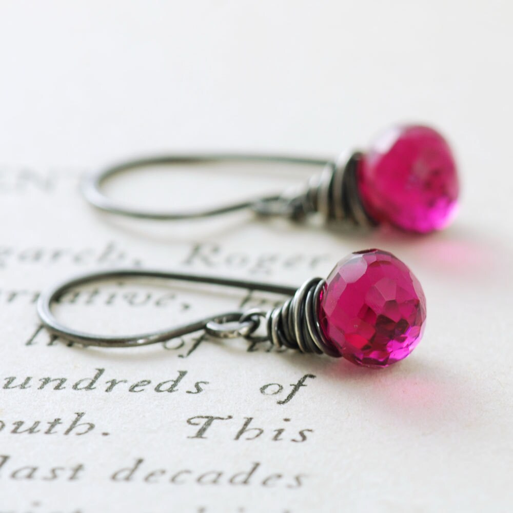 Raspberry Quartz Earrings Wrapped in Sterling Silver Pink Etsy