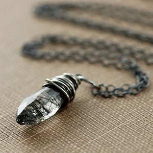 Necklace, Black Rutilated Quartz Wrapped in Sterling Silver, Handmade Pendant Necklace, aubepine