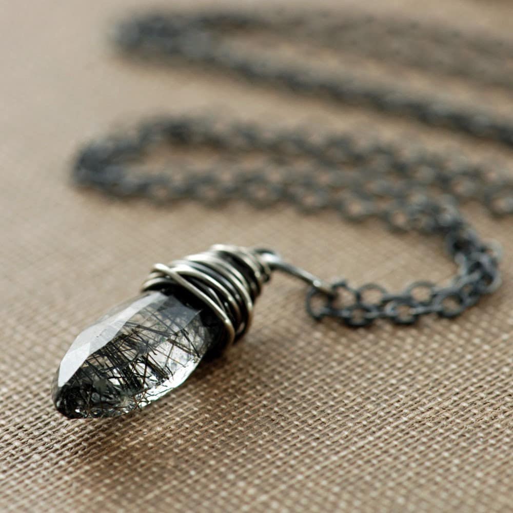 Necklace Black Rutilated Quartz Wrapped in Sterling Silver Etsy