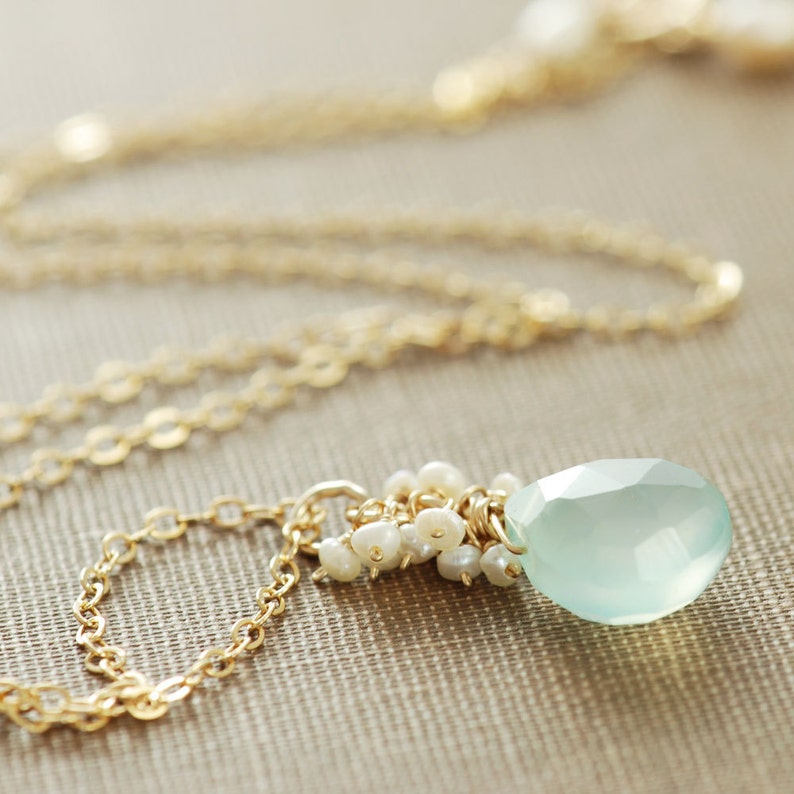 Aquamarine Blue March Birthstone Necklace, Seafoam Gemstone Pendant Necklace, Aqua Chalcedony Seed Pearl Necklace, Spring Jewelry image 3