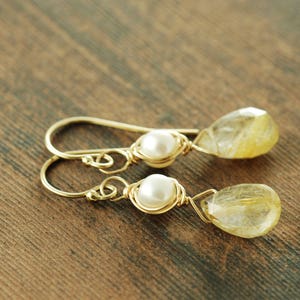 Gold Rutilated Quartz Pearl Drop Earrings, Delicate Gemstone Dangle Earrings, Gold Wedding Jewelry image 1