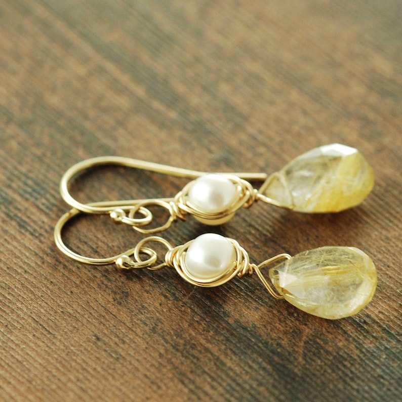 Gold Rutilated Quartz Pearl Drop Earrings, Delicate Gemstone Dangle Earrings, Gold Wedding Jewelry image 1