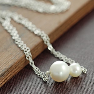 Mother's Day Pearl Necklace, Mama and Baby Necklace in Sterling Silver, June Birthstone, Handmade Layering Necklace image 1