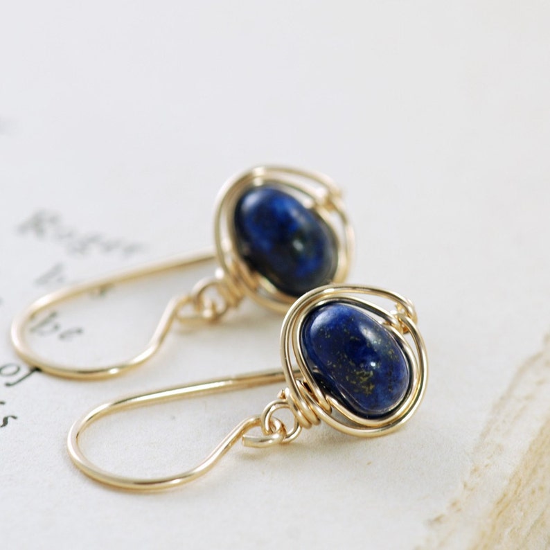 Navy Blue Lapis Lazuli Earrings, 14k Gold Fill Dangle Earrings, Wire Wrapped Gemstone Handmade, aubepine image 2