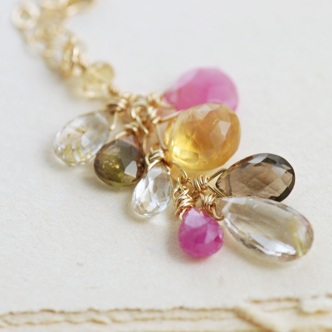 Gemstone Cluster Necklace 14k Gold Citrine Pink Sapphire Etsy