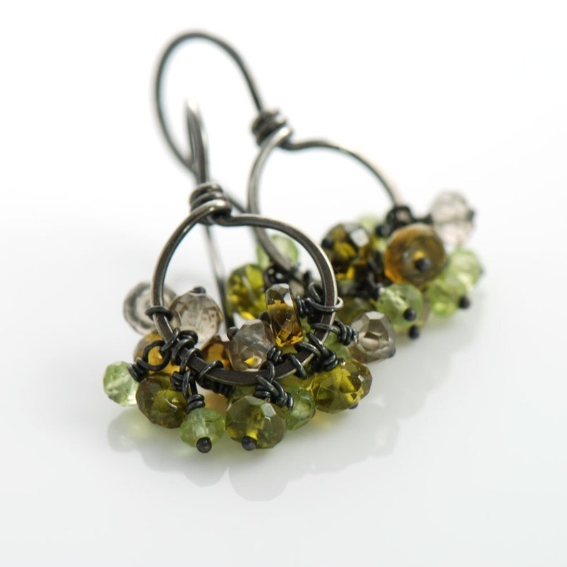 Green Gemstone Cluster Earrings, August Peridot Birthstone Jewelry, Sterling Silver Hoops, Rustic Autumn Earrings image 4