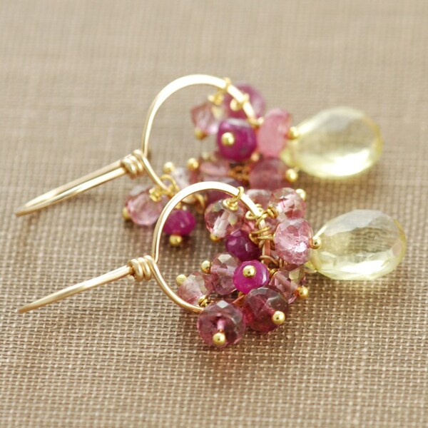 Pink Yellow Gold Gemstone Hoop Earrings, Lemon Quartz Pink Sapphire Tourmaline