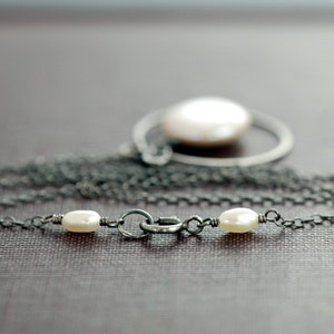 Coin Pearl Sterling Silver Necklace, Handmade Pendant Oxidized Hoop, aubepine image 3