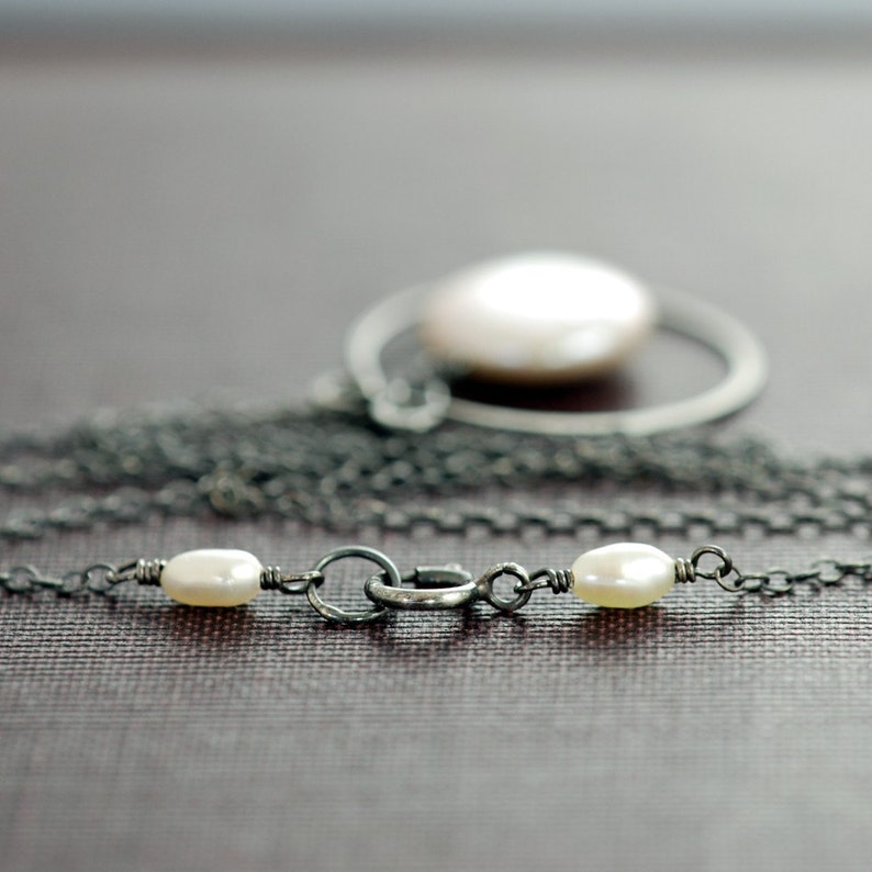 Coin Pearl Sterling Silver Necklace, Handmade Pendant Oxidized Hoop, aubepine image 3