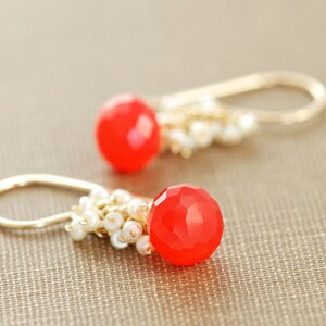 Bright Orange Gemstone Earrings with Seed Pearl Clusters, Gold Dangle Earrings image 3