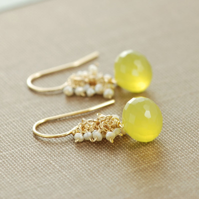 Gold Dangle Earrings Lemon Meringue Pie Seed Pearl Clusters Yellow Gemstone Pearl Earrings