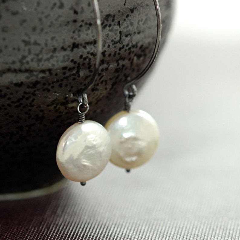 Coin Pearl Earrings Sterling Silver, Pearl Drop Earrings, Oxidized, aubepine image 5