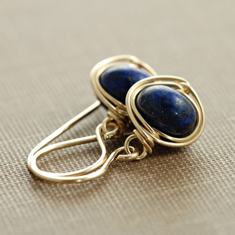 Navy Blue Lapis Lazuli Earrings, 14k Gold Fill Dangle Earrings, Wire Wrapped Gemstone Handmade, aubepine image 5