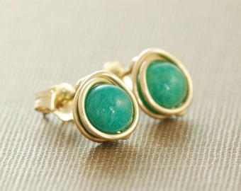 Emerald Green Post Earrings,14k Gold Fill Gemstone Earrings, Wire Wrapped Handmade Jewelry, aubepine