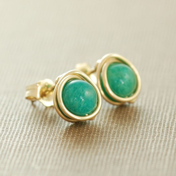 Emerald Green Post Earrings,14k Gold Fill Gemstone Earrings, Wire Wrapped Handmade Jewelry, aubepine