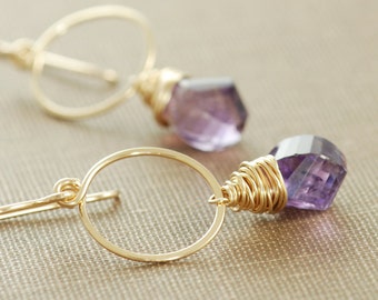 Amethyst Gold Hoop Earrings, February Birthstone Jewelry, Purple Gemstone Twists Handmade Earrings