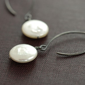 Coin Pearl Earrings Sterling Silver, Pearl Drop Earrings, Oxidized, aubepine image 3