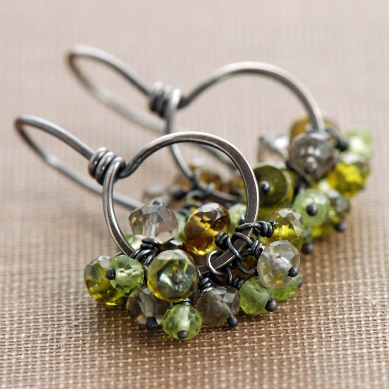 Green Gemstone Cluster Earrings, August Peridot Birthstone Jewelry, Sterling Silver Hoops, Rustic Autumn Earrings image 1