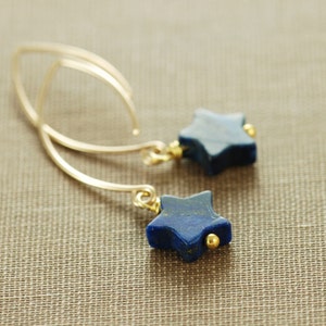 Navy Blue Star Earrings, Lapis Lazuli Gold Dangle Earrings image 1