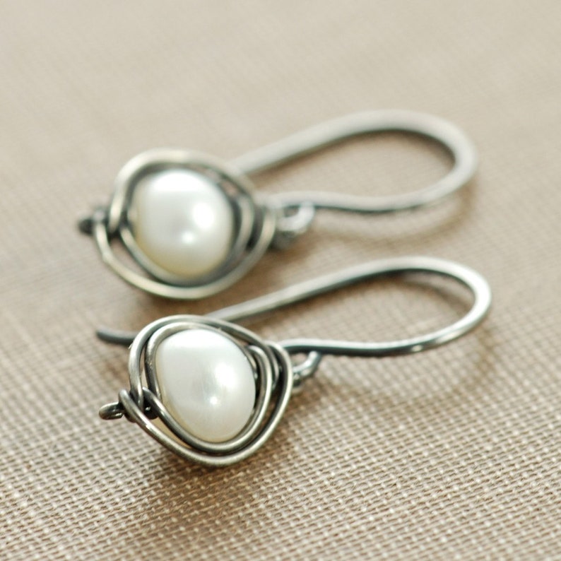 Pearl Sterling Silver Earrings Handmade Oxidized, Ash and Snow, aubepine image 2