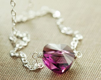 Purple Orchid Heart Necklace in Sterling Silver, Amethyst Purple Heart Necklace, Swarovski Crystal Heart Necklace