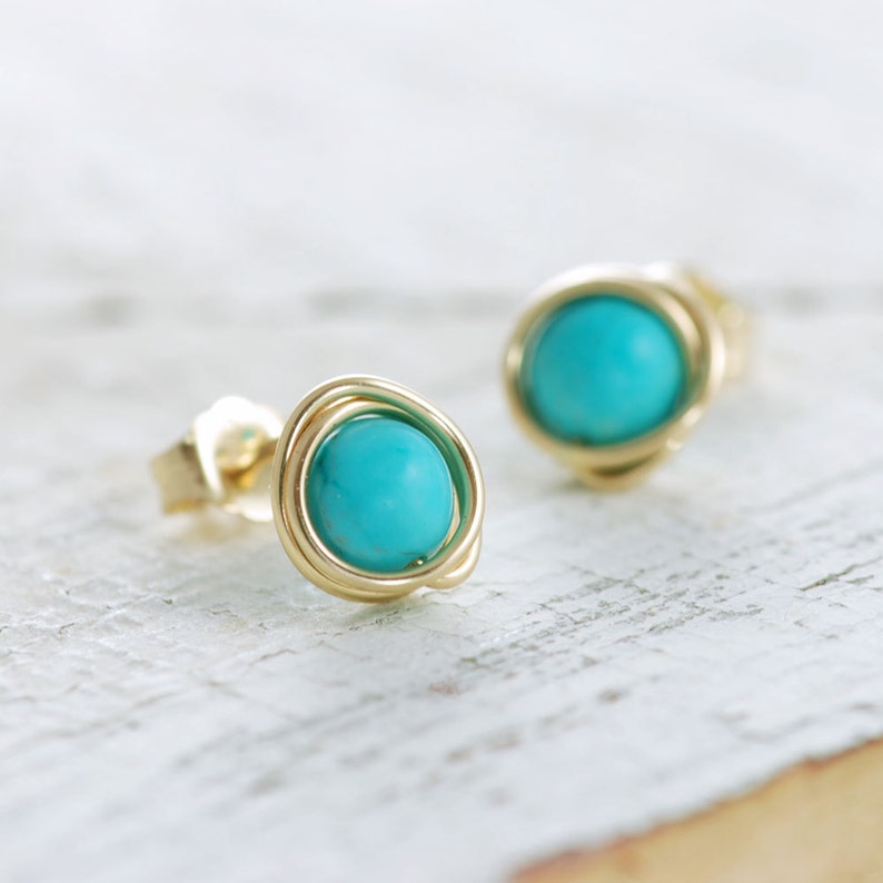 Turquoise Post Earrings Wrapped in 14k Gold Fill, December Birthstone Jewelry, Handmade, aubepine image 4