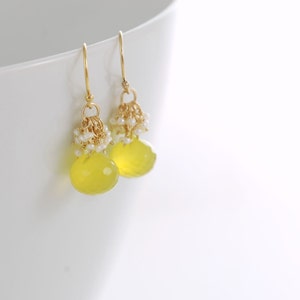 Yellow Gemstone Pearl Earrings, Gold Dangle Earrings, Lemon Meringue Pie, Seed Pearl Clusters image 5