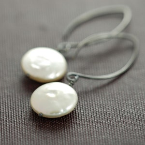 Coin Pearl Earrings Sterling Silver, Pearl Drop Earrings, Oxidized, aubepine image 2