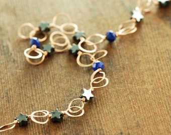 Stargazer Bracelet in Rose Gold, Hematite Star Lapis Gemstone Bracelet