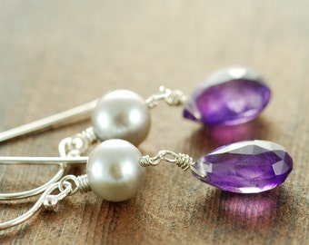 Amethyst Pearl Drop Earrings Sterling Silver, February Birthstone Jewelry, Bridesmaid Earrings, Purple Gray Earrings