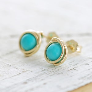 Turquoise Post Earrings Wrapped in 14k Gold Fill, December Birthstone Jewelry, Handmade, aubepine image 3