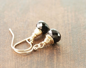 Black Onyx 14k Gold Earrings, Black and Gold Gemstone Earrings, Simple Date Night Jewelry
