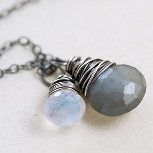 Gray Moonstone Necklace Wrapped in Sterling Silver Oxidized, Gray White Gemstone Necklace, aubepine image 2