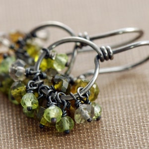 Green Gemstone Cluster Earrings, August Peridot Birthstone Jewelry, Sterling Silver Hoops, Rustic Autumn Earrings image 3