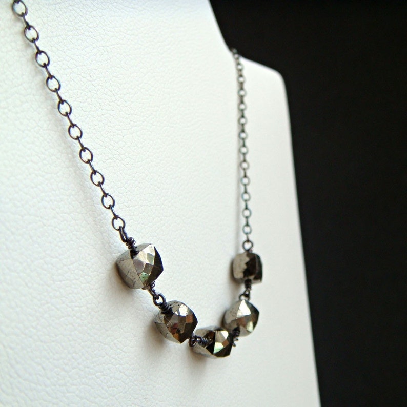 Pyrite Necklace in Oxidized Sterling Silver, Handmade Modern Gemstone Necklace, aubepine image 5