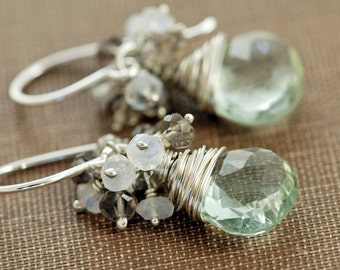 Sterling Silver Gemstone Cluster Earrings, Green Amethyst Moonstone Smoky Quartz, Handmade Earrings, aubepine