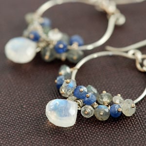 Silver Chandelier Earrings with Moonstone Sapphire Labradorite Clusters, Blue Gray Gemstone Dangle Earrings, aubepine