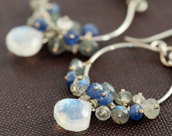 Silver Chandelier Earrings with Moonstone Sapphire Labradorite Clusters, Blue Gray Gemstone Dangle Earrings, aubepine