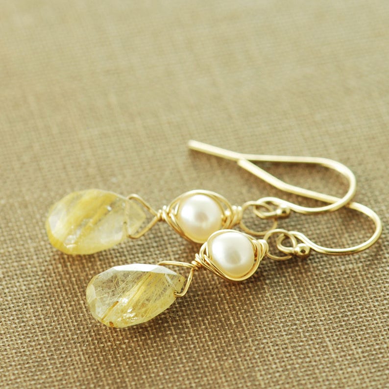 Gold Rutilated Quartz Pearl Drop Earrings, Delicate Gemstone Dangle Earrings, Gold Wedding Jewelry image 3