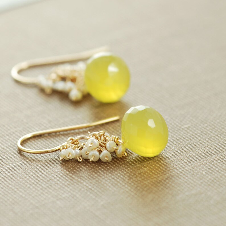 Gold Dangle Earrings Lemon Meringue Pie Seed Pearl Clusters Yellow Gemstone Pearl Earrings