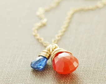 Carnelian Orange Gemstone Necklace in 14k Gold Fill with Blue Kyanite, Wire Wrap Pendant