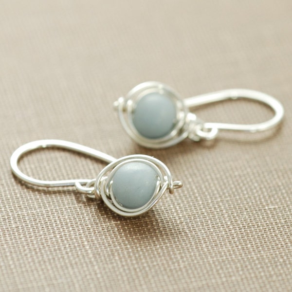 Gray Stone Earrings in Sterling Silver, Angelite Gemstone Wire Wrapped Dangle Handmade, aubepine